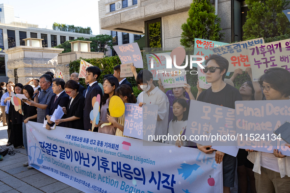 At a joint press conference in front of the Constitutional Court in Jongno-gu, Seoul, South Korea, on August 29, 2024, youth climate litigan...