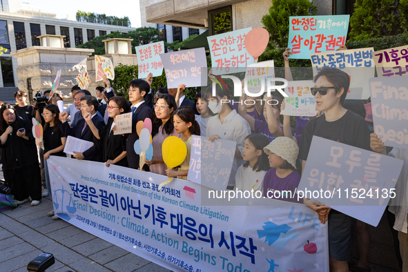 At a joint press conference in front of the Constitutional Court in Jongno-gu, Seoul, South Korea, on August 29, 2024, youth climate litigan...