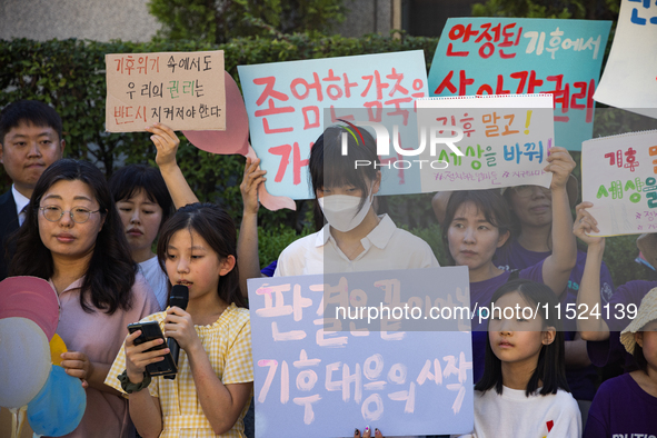 At a joint press conference in front of the Constitutional Court in Jongno-gu, Seoul, South Korea, on August 29, 2024, youth climate litigan...