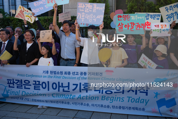 At a joint press conference in front of the Constitutional Court in Jongno-gu, Seoul, South Korea, on August 29, 2024, youth climate litigan...