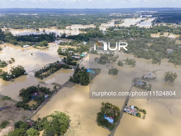 An aerial view of flooded villages in Chhagalnaiya Upazila of Feni District of Chittagong Division of Bangladesh in Feni, Chittagong, Bangla...