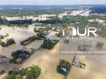 An aerial view of flooded villages in Chhagalnaiya Upazila of Feni District of Chittagong Division of Bangladesh in Feni, Chittagong, Bangla...