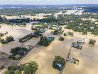 An aerial view of flooded villages in Chhagalnaiya Upazila of Feni District of Chittagong Division of Bangladesh in Feni, Chittagong, Bangla...