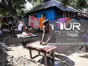 A flood-affected person tries to dry rice in the small sun in the Gopal area of Chagalnaiya upazila in Feni district in Chittagong division...