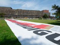 A large banner of ''Red Line'' is placed in front of the headquarters of Thyssenkrupp industrial area in Duisburg, Germany, on August 29, 20...