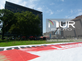 A large banner of ''Red Line'' is placed in front of the headquarters of Thyssenkrupp industrial area in Duisburg, Germany, on August 29, 20...