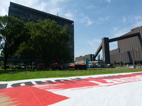 A large banner of ''Red Line'' is placed in front of the headquarters of Thyssenkrupp industrial area in Duisburg, Germany, on August 29, 20...