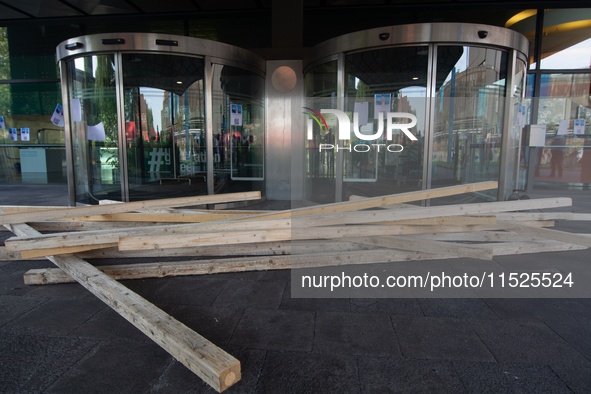 Woods block the entrance of the headquarters of Thyssenkrupp industrial area in Duisburg, Germany, on August 29, 2024, as the IG Metall unio...