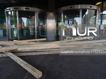 Woods block the entrance of the headquarters of Thyssenkrupp industrial area in Duisburg, Germany, on August 29, 2024, as the IG Metall unio...