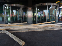 Woods block the entrance of the headquarters of Thyssenkrupp industrial area in Duisburg, Germany, on August 29, 2024, as the IG Metall unio...