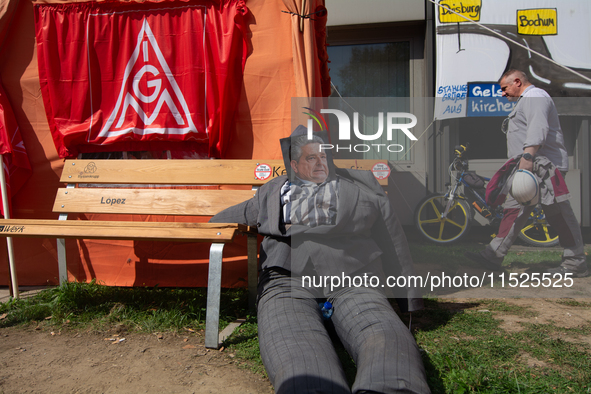 An effigy of Thyssenkrupp CEO Miguel Angel Lopez is seen in front of the headquarters of Thyssenkrupp industrial area in Duisburg, Germany,...