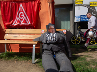 An effigy of Thyssenkrupp CEO Miguel Angel Lopez is seen in front of the headquarters of Thyssenkrupp industrial area in Duisburg, Germany,...