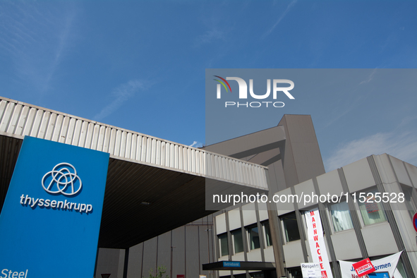 A general view of the gate of the Thyssenkrupp industrial area in Duisburg, Germany, on August 29, 2024, as the IG Metall union calls for a...