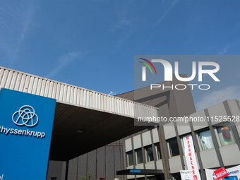 A general view of the gate of the Thyssenkrupp industrial area in Duisburg, Germany, on August 29, 2024, as the IG Metall union calls for a...