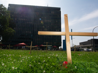 Crosses are placed in front of the headquarters of Thyssenkrupp industrial area in Duisburg, Germany, on August 29, 2024, as the IG Metall u...