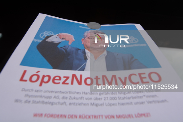 Protest signs reading ''Not My CEO'' are seen in front of the headquarters of Thyssenkrupp in the industrial area of Duisburg, Germany, on A...