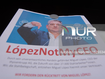 Protest signs reading ''Not My CEO'' are seen in front of the headquarters of Thyssenkrupp in the industrial area of Duisburg, Germany, on A...