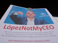 Protest signs reading ''Not My CEO'' are seen in front of the headquarters of Thyssenkrupp in the industrial area of Duisburg, Germany, on A...