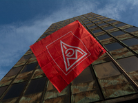 A general view of the IGM labor flag is seen in front of the Thyssenkrupp headquarters as a thousand steel workers stand in front of the gat...