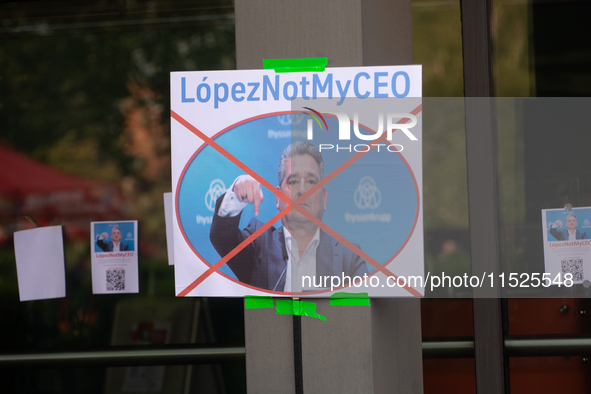 Protest signs reading ''Not My CEO'' are seen in front of the headquarters of Thyssenkrupp in the industrial area of Duisburg, Germany, on A...