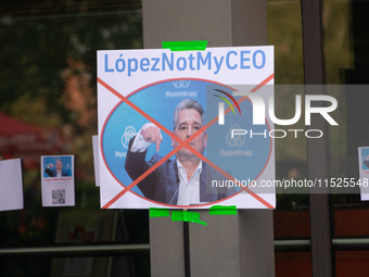 Protest signs reading ''Not My CEO'' are seen in front of the headquarters of Thyssenkrupp in the industrial area of Duisburg, Germany, on A...