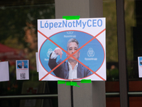 Protest signs reading ''Not My CEO'' are seen in front of the headquarters of Thyssenkrupp in the industrial area of Duisburg, Germany, on A...