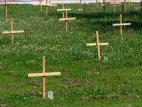 Crosses are placed in front of the headquarters of Thyssenkrupp industrial area in Duisburg, Germany, on August 29, 2024, as the IG Metall u...