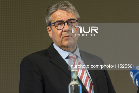 Sigmar Gabriel, the head of the supervisory board, speaks to the media about his resignation during the press conference as a thousand steel...