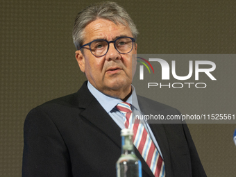 Sigmar Gabriel, the head of the supervisory board, speaks to the media about his resignation during the press conference as a thousand steel...