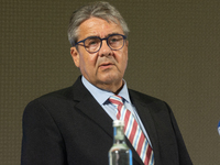 Sigmar Gabriel, the head of the supervisory board, speaks to the media about his resignation during the press conference as a thousand steel...