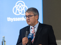 Sigmar Gabriel, the head of the supervisory board, speaks to the media about his resignation during a press conference as a thousand steel w...