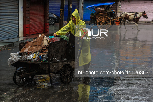 An employee of the municipality sweeps and puts garbage in a cart on a rainy day in Sopore, Jammu and Kashmir, India, on August 30, 2024. 