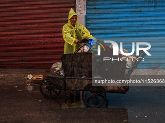 An employee of the municipality sweeps and puts garbage in a cart on a rainy day in Sopore, Jammu and Kashmir, India, on August 30, 2024. (