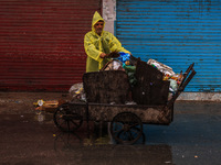 An employee of the municipality sweeps and puts garbage in a cart on a rainy day in Sopore, Jammu and Kashmir, India, on August 30, 2024. (