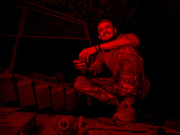 A tanker of the 118th Separate Mechanized Brigade poses for a photo on a T-72 tank during the night firing exercise in the Zaporizhzhia sect...