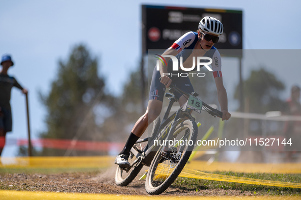 Samuel Chazaly of France participates in the UCI Mountain Bike World Championships Cross-Country Olympic Men Junior in Pal Arinsal, Andorra,...