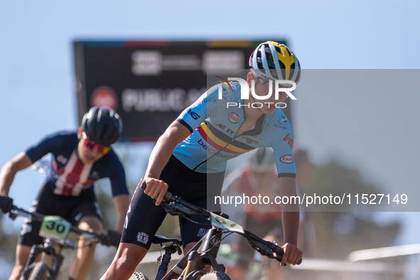 Valentin Laenen of Belgium participates in the UCI Mountain Bike World Championships Cross-Country Olympic Men Junior in Pal Arinsal, Andorr...