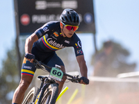 Aksel Gomez of Colombia participates in the UCI Mountain Bike World Championships Cross-Country Olympic Men Junior in Pal Arinsal, Andorra,...