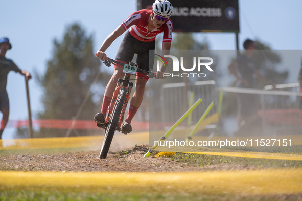 Linus Hofer of Austria participates in the UCI Mountain Bike World Championships Cross-Country Olympic Men Junior in Pal Arinsal, Andorra, o...