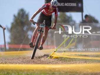 Linus Hofer of Austria participates in the UCI Mountain Bike World Championships Cross-Country Olympic Men Junior in Pal Arinsal, Andorra, o...