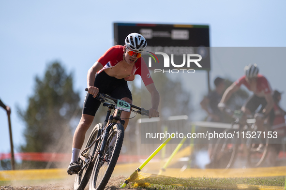 Emil Aksnes of Norway participates in the UCI Mountain Bike World Championships Cross-Country Olympic Men Junior in Pal Arinsal, Andorra, on...