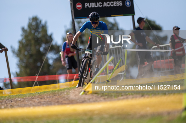 Max Karlsson of Sweden competes in the UCI Mountain Bike World Championships Cross-Country Olympic Men Junior in Pal Arinsal, Andorra, on Au...