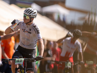 A cyclist participates in the UCI Mountain Bike World Championships Cross-Country Olympic Men Junior in Pal Arinsal, Andorra, on August 30,...