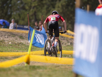 Nicolas Philipsen of Denmark competes in the UCI Mountain Bike World Championships Cross-Country Olympic Men Junior in Pal Arinsal, Andorra,...