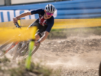 A cyclist participates in the UCI Mountain Bike World Championships Cross-Country Olympic Men Junior in Pal Arinsal, Andorra, on August 30,...