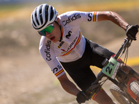 Alberto Garcia of Spain participates in the UCI Mountain Bike World Championships Cross-Country Olympic Men Junior in Pal Arinsal, Andorra,...