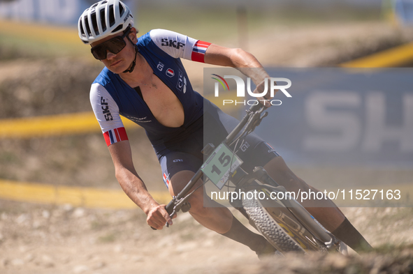 Samuel Chazaly of France participates in the UCI Mountain Bike World Championships Cross-Country Olympic Men Junior in Pal Arinsal, Andorra,...