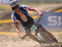 Samuel Chazaly of France participates in the UCI Mountain Bike World Championships Cross-Country Olympic Men Junior in Pal Arinsal, Andorra,...