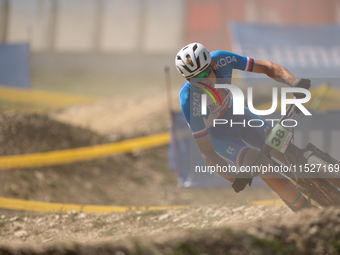 Peter Baant of Czechia participates in the UCI Mountain Bike World Championships Cross-Country Olympic Men Junior in Pal Arinsal, Andorra, o...