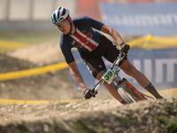 Mikhail Mosteller of UNITED competes in the UCI Mountain Bike World Championships Cross-Country Olympic Men Junior in Pal Arinsal, Andorra,...